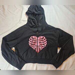 Romwe Womens Black Cropped Hoodie With Pink Heart Rib Cage Design Size 12